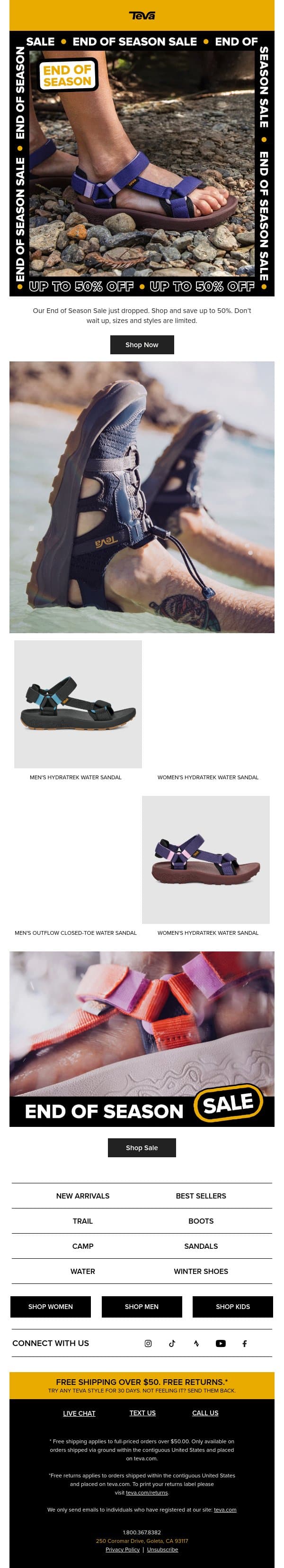 Our End of Season Sale is LIVE! email from Teva screenshot