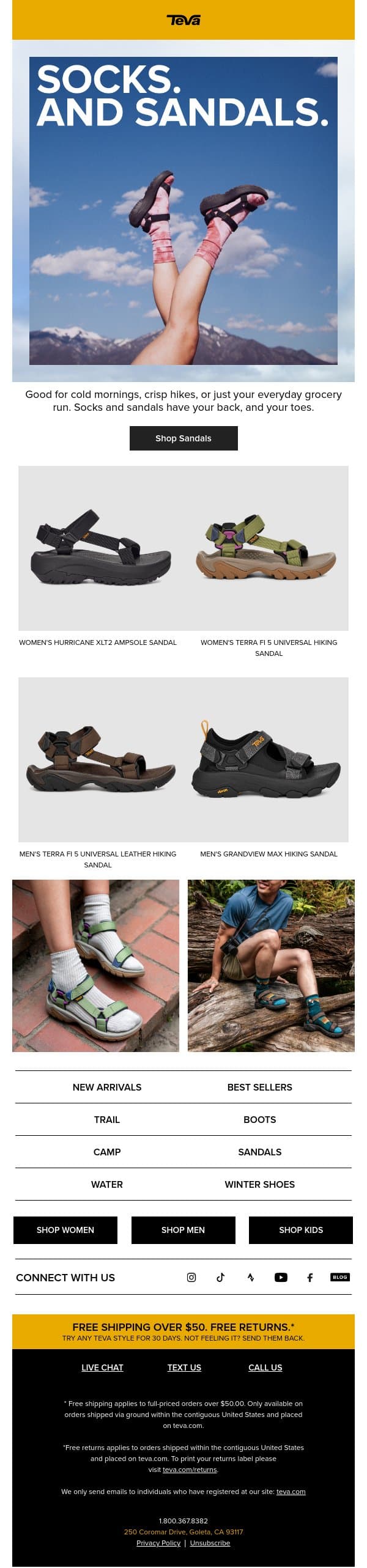 Still wearing sandals, just adding socks. email from Teva screenshot