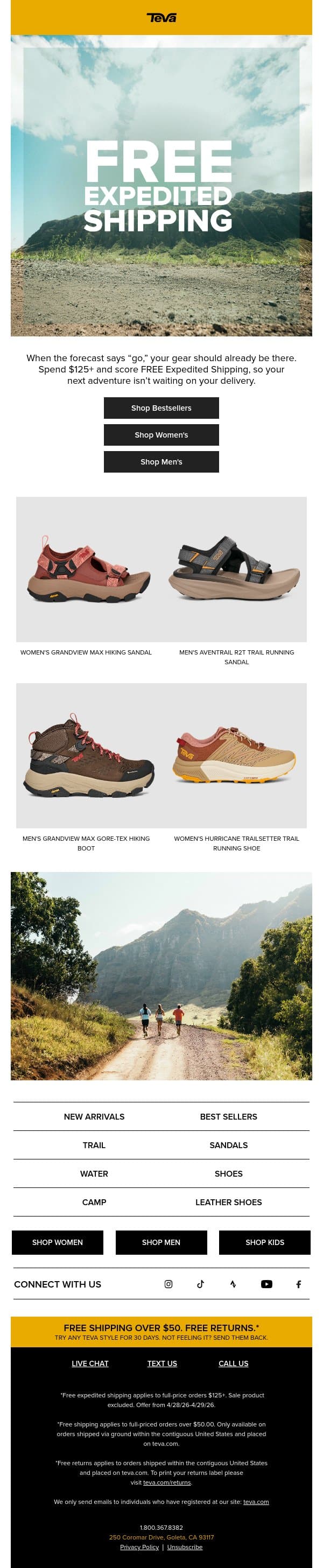 2 Days Only: Free Expedited Shipping on $125+ email from Teva screenshot
