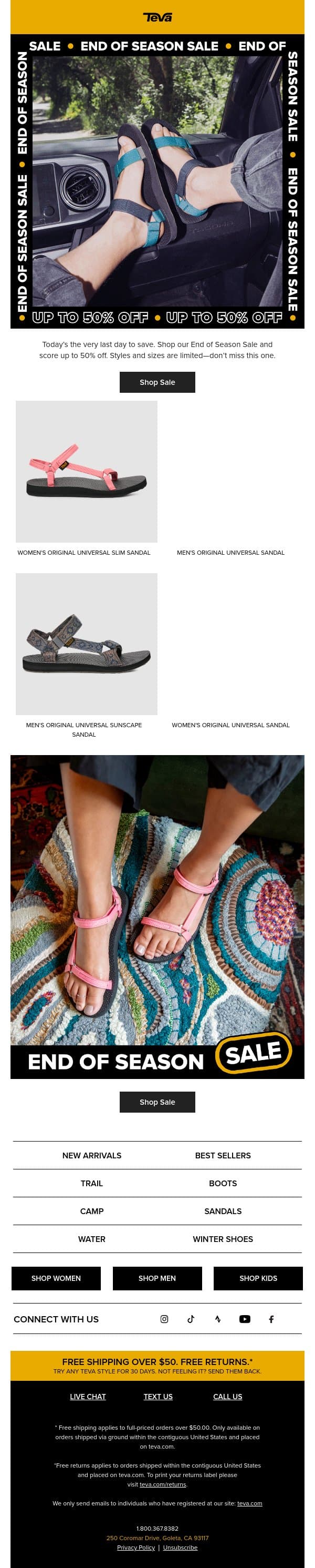 📣 LAST DAY FOR END OF SEASON SALE 📣 email from Teva screenshot