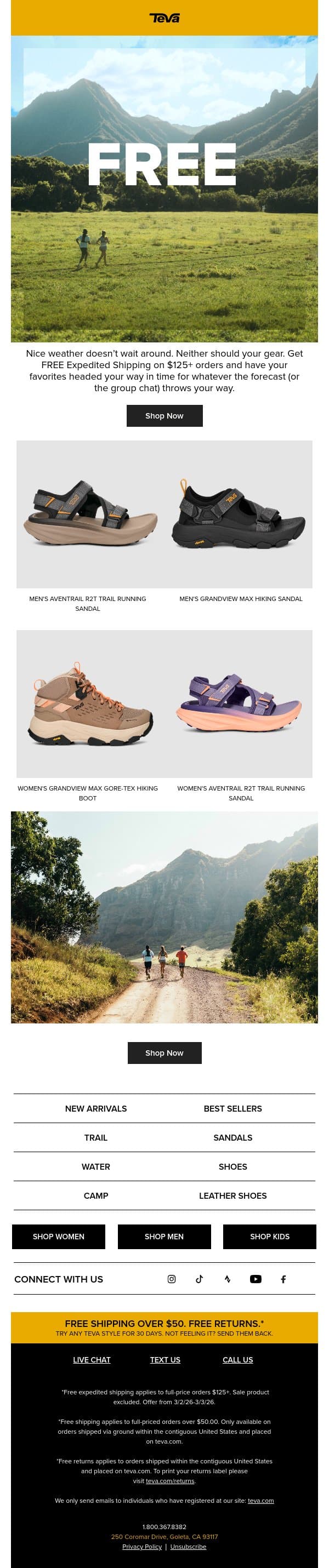 Free Expedited Shipping on $125+ orders! ⛅ email from Teva screenshot