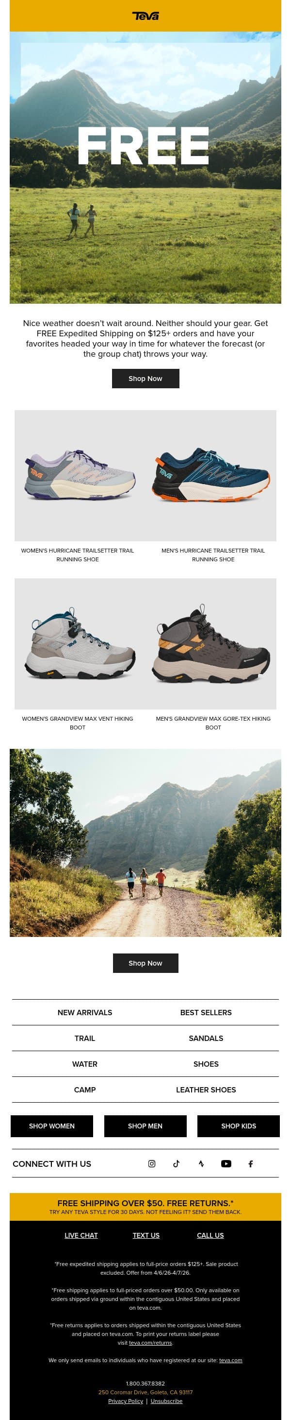 2 days only! Free Expedited Shipping on $125+ Orders! email from Teva screenshot