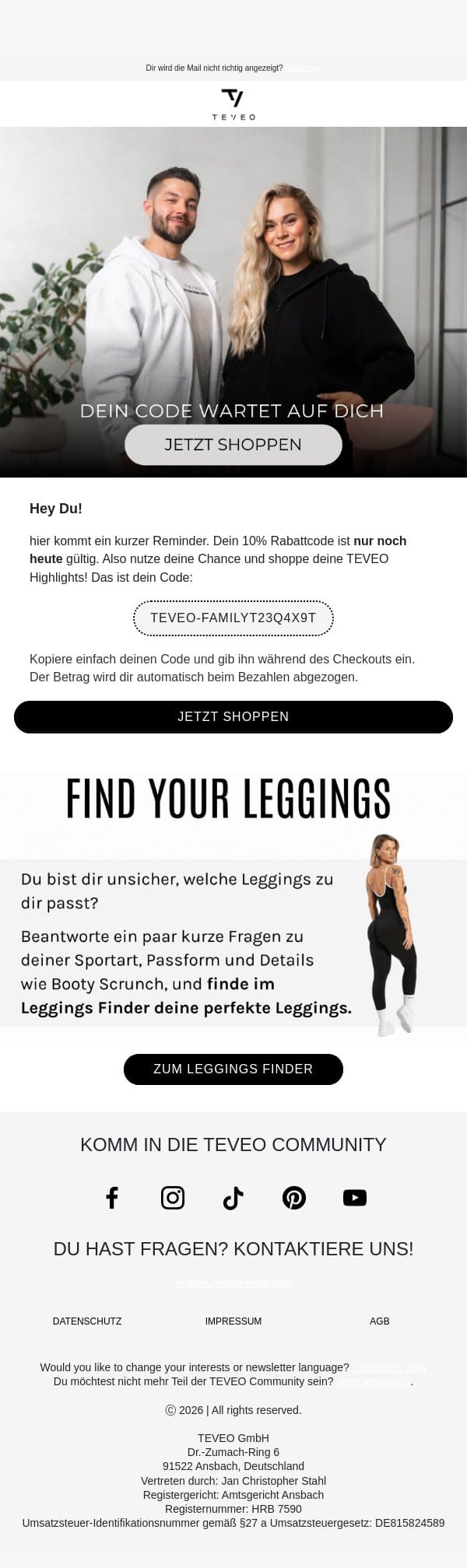 Dein Rabatt ist heute noch gültig🖤 email from TEVEO screenshot