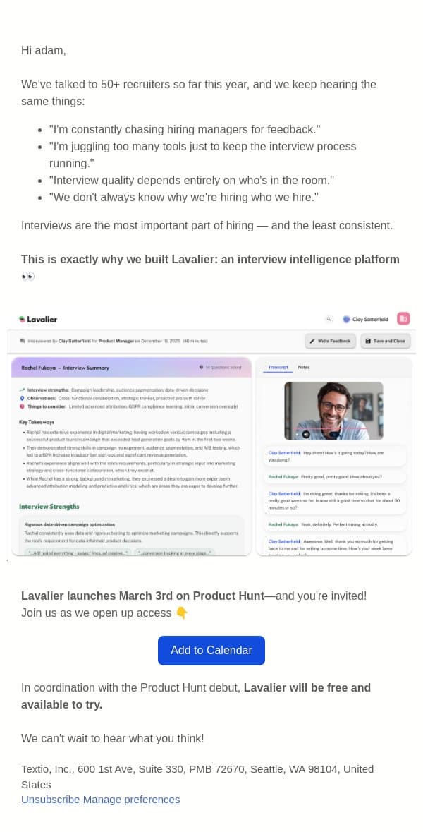 Interview Intelligence available soon 👀 email from Textio screenshot