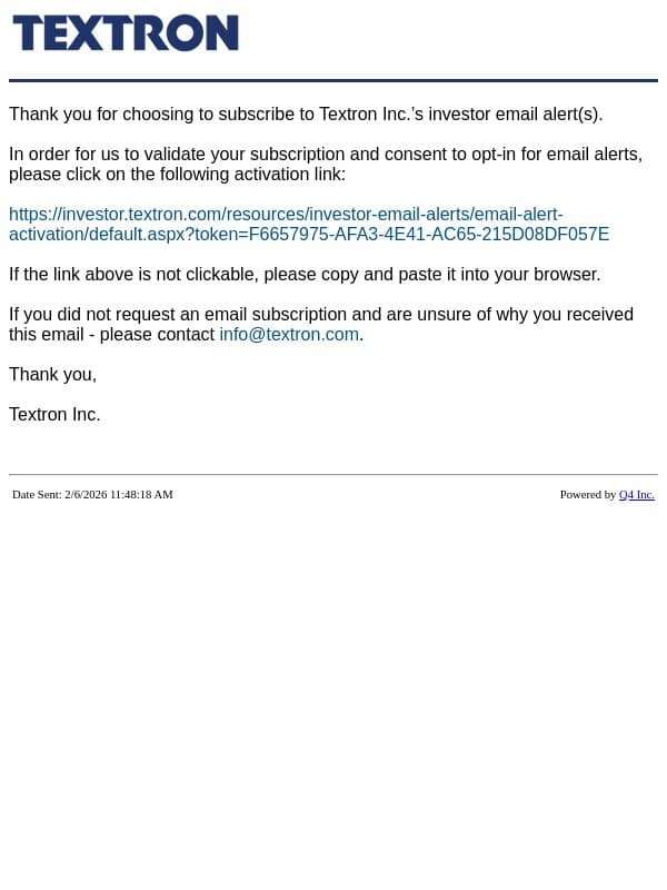 Textron Inc. Website - Validate Account email from Textron screenshot
