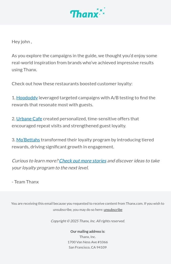 See how leading brands drive loyalty success email from Thanx screenshot