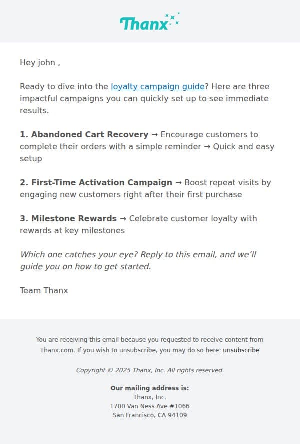 Start here: Most impactful campaigns from the guide email from Thanx screenshot