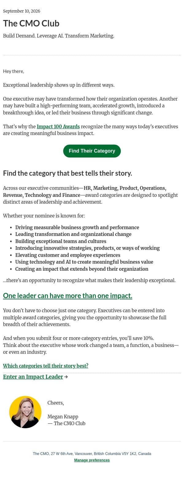 Where do your executives make the greatest impact? email from Thecmo screenshot