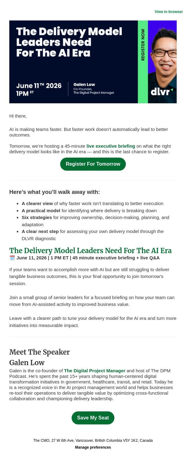 Tomorrow: Build A Delivery Model For The AI Era email from Thecmo screenshot