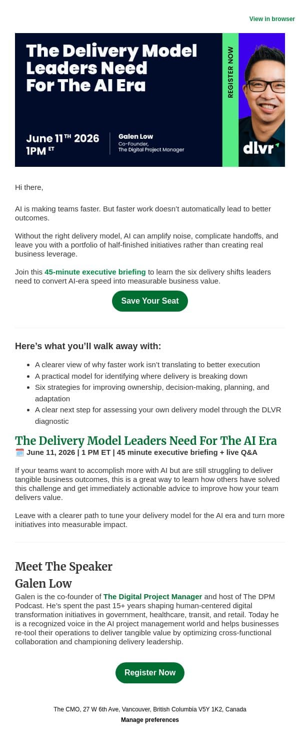 Join Our Executive Briefing: Deliver AI Impact on June 11 email from Thecmo screenshot