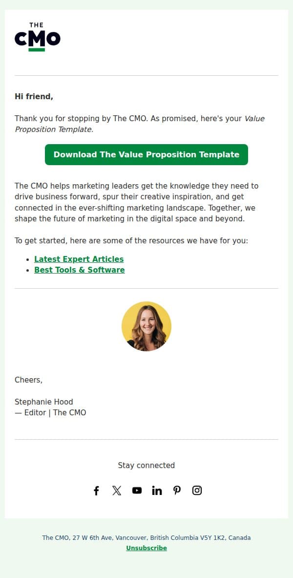 Here's your Value Proposition Template! 🙌 email from Thecmo screenshot