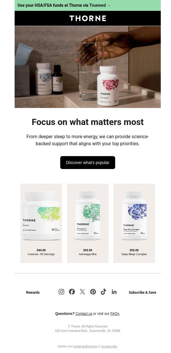 Targeted wellness, backed by uncompromising quality email from Thorne screenshot