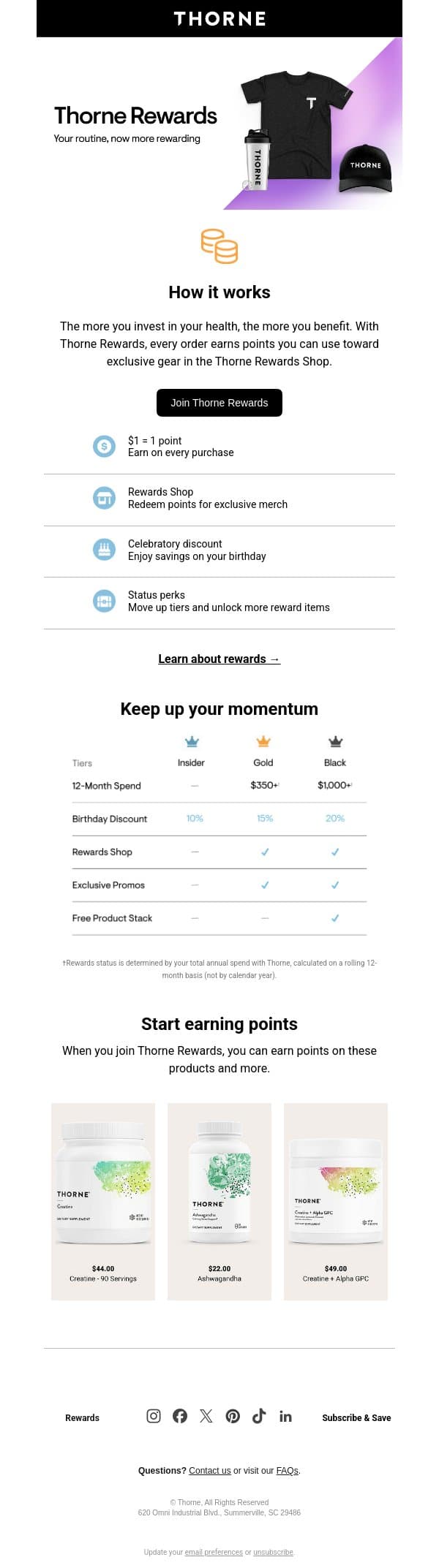 Earn exclusive rewards with every order email from Thorne screenshot