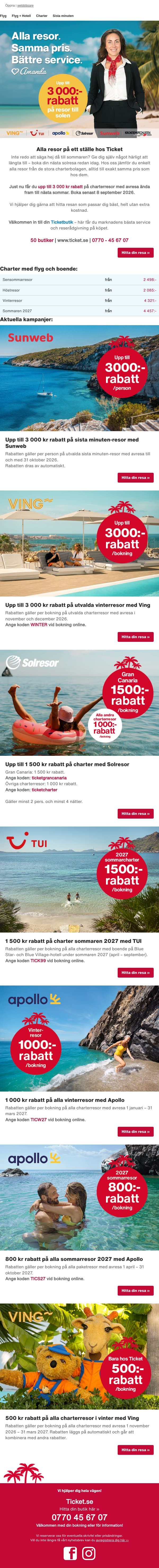 ✈ Upp till 3 000 kr rabatt på resor email from Ticket screenshot