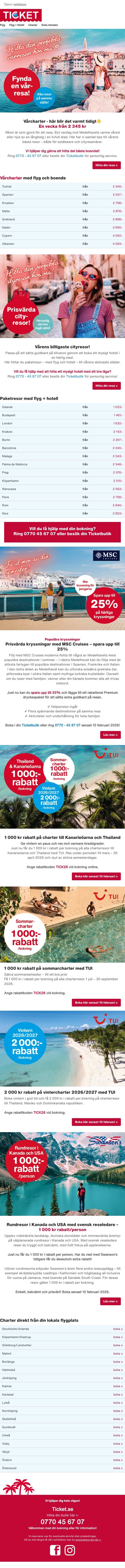 Billiga vårresor - charter och weekend email from Ticket screenshot