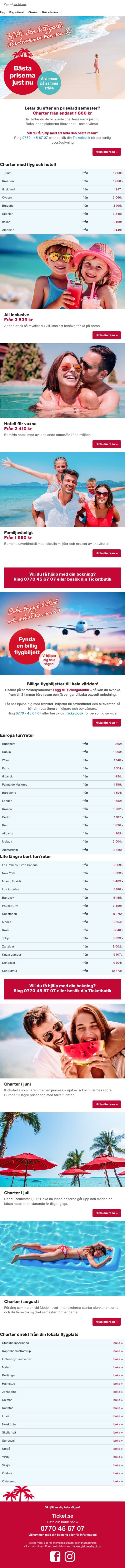 Massor av billiga charterresor och flygbiljetter ✈ email from Ticket screenshot