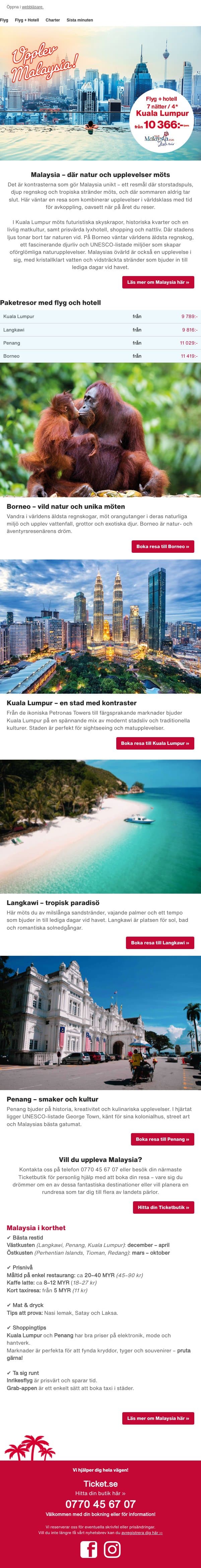 Upplev Malaysia – äventyret väntar! email from Ticket screenshot