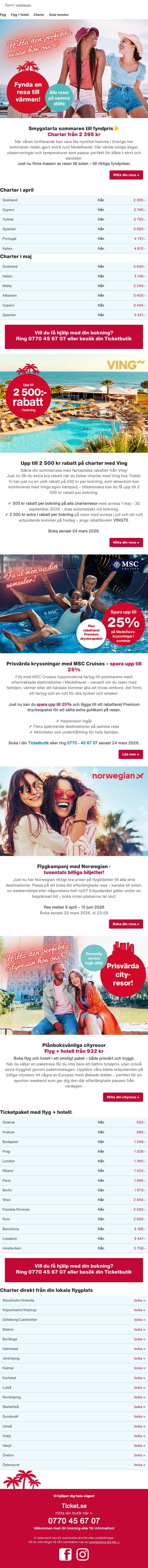 Billiga resor i APRIL och MAJ ☀️ | Upp till 2 500 kr rabatt med Ving email from Ticket screenshot
