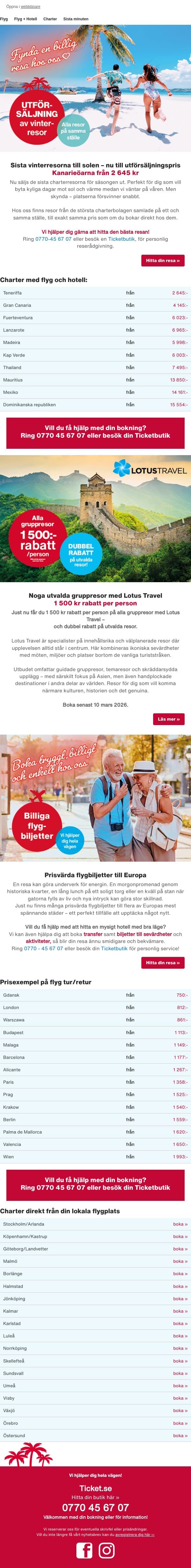 ⚡️Utförsäljning av vinterresor - först till kvarn email from Ticket screenshot