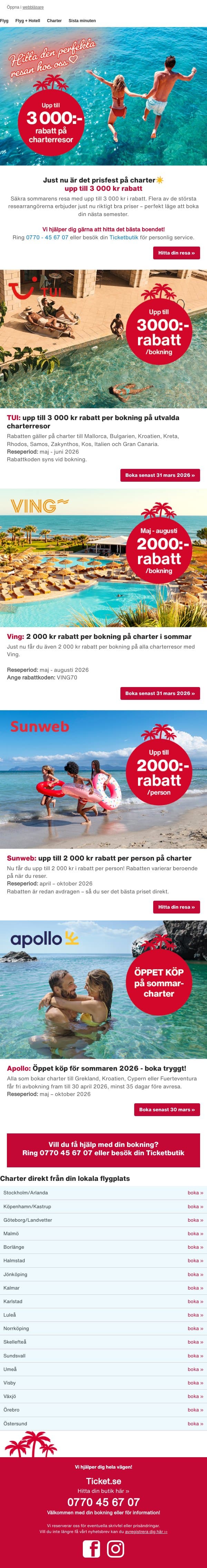 ⚡️Missa inte: upp till 3 000 kr rabatt på charter email from Ticket screenshot