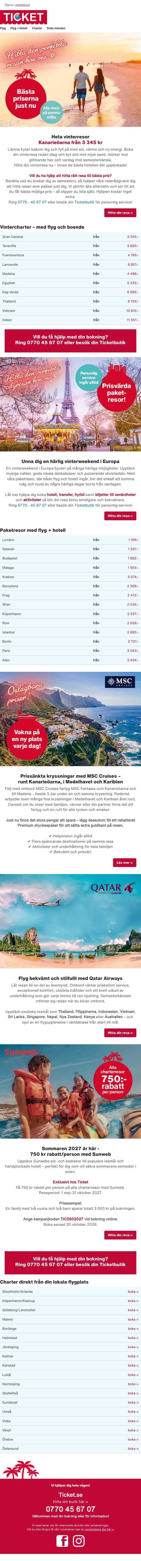 Heta vinterresor från 3 345 kr ☀️ email from Ticket screenshot