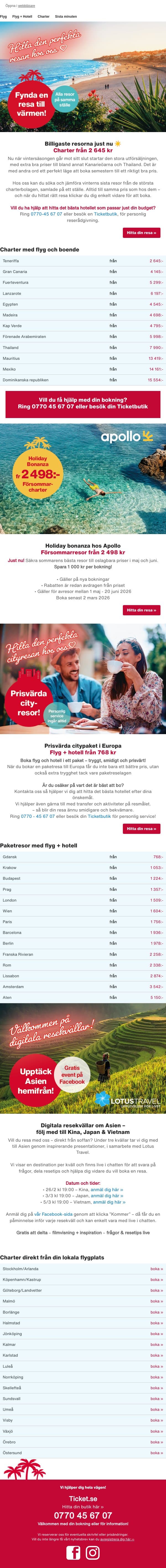 Kanarieöarna ☀️ sista minuten-fynd email from Ticket screenshot