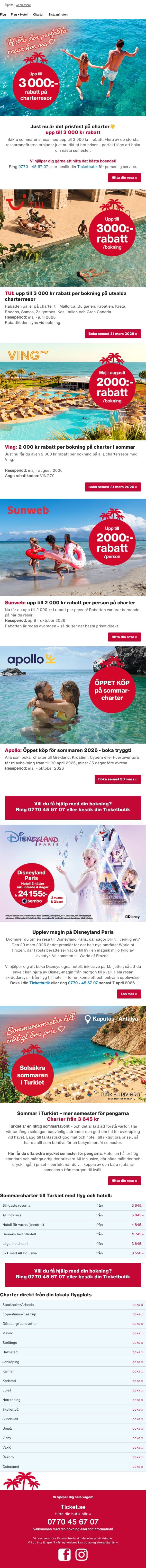 ⚡️Prisfest på charter: upp till 3 000 kr rabatt email from Ticket screenshot