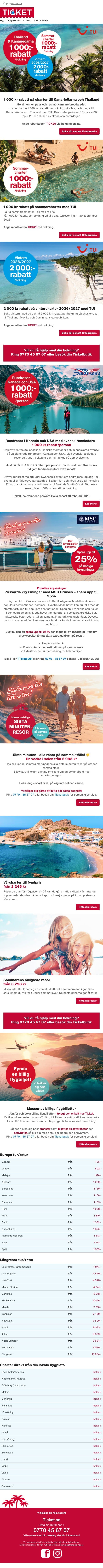 Rabatt på charter till Kanarieöarna och Thailand email from Ticket screenshot