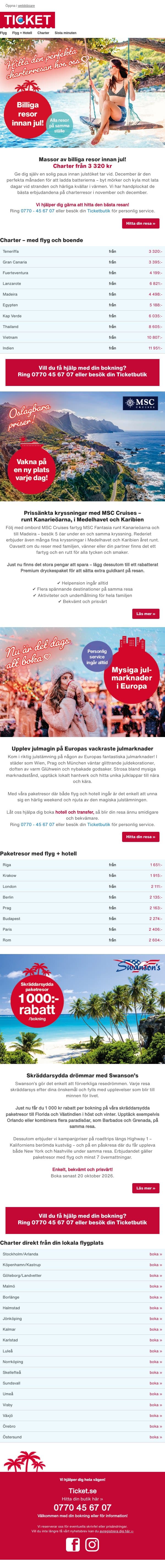⚡️Massor av billiga resor innan jul | Kanarieöarna till fyndpris email from Ticket screenshot