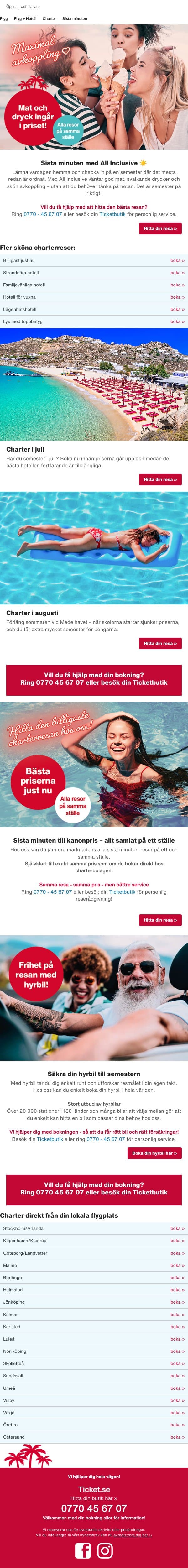Sista minuten med All Inclusive »»» email from Ticket screenshot