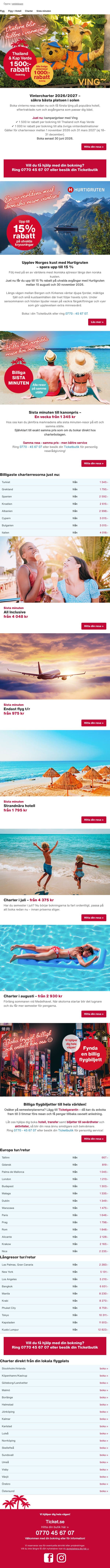 Thailand och Kap Verde väntar – få 1 500 kr rabatt email from Ticket screenshot
