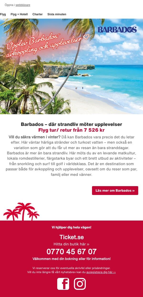 Upplev Barbados – avkoppling & upplevelser email from Ticket screenshot