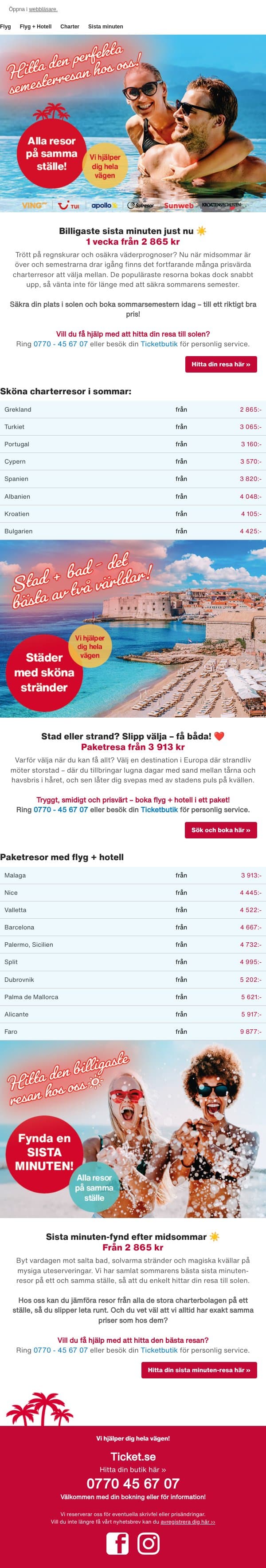 Billigaste sista minuten just nu ☀️✈️ email from Ticket screenshot