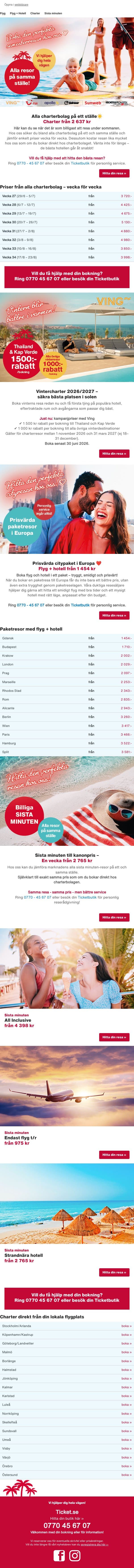 Se när det är som billigast att resa i sommar ☀️ email from Ticket screenshot