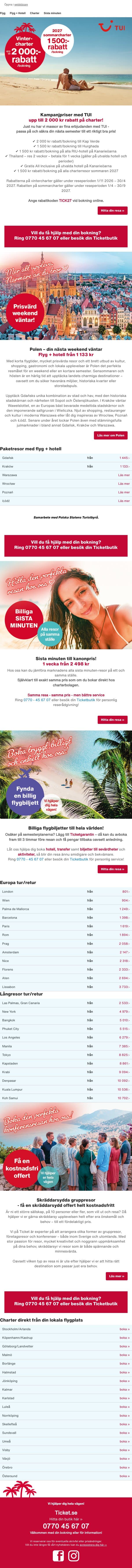 2 000 kr rabatt på vintercharter med TUI email from Ticket screenshot
