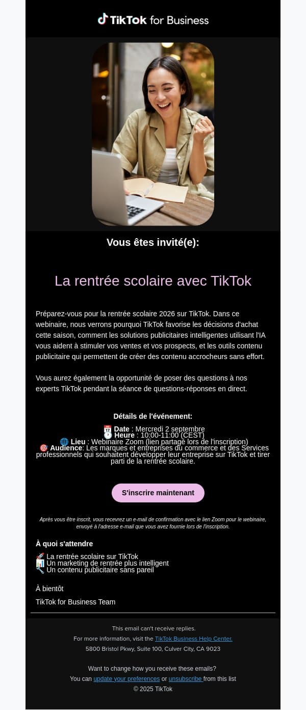 Vous êtes invité(e) ! La rentrée scolaire avec TikTok email from TikTok screenshot