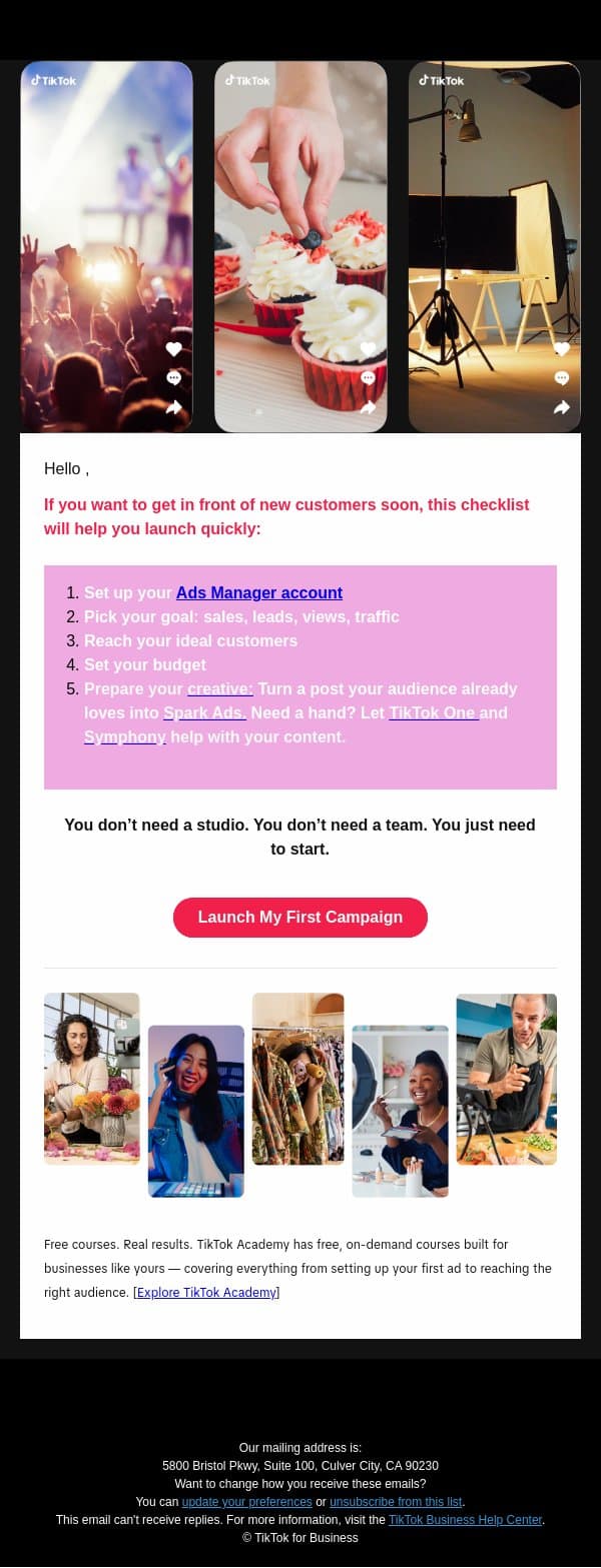 You’re a few steps from your first campaign email from TikTok screenshot