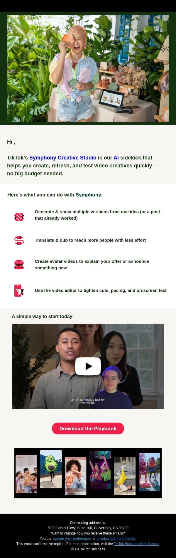 Create ads faster with TikTok Symphony email from TikTok screenshot