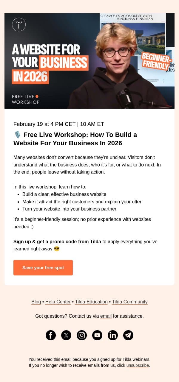 🎙️ Live Today: Build Your Business Website With the Latest Tools email from Tilda screenshot