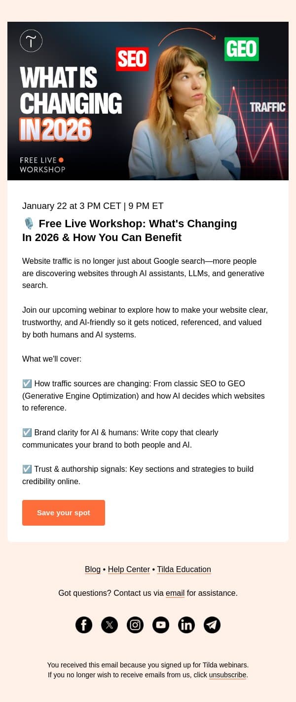 🎙️ Live Tomorrow: What's Changing In 2026 & How You Can Benefit email from Tilda screenshot