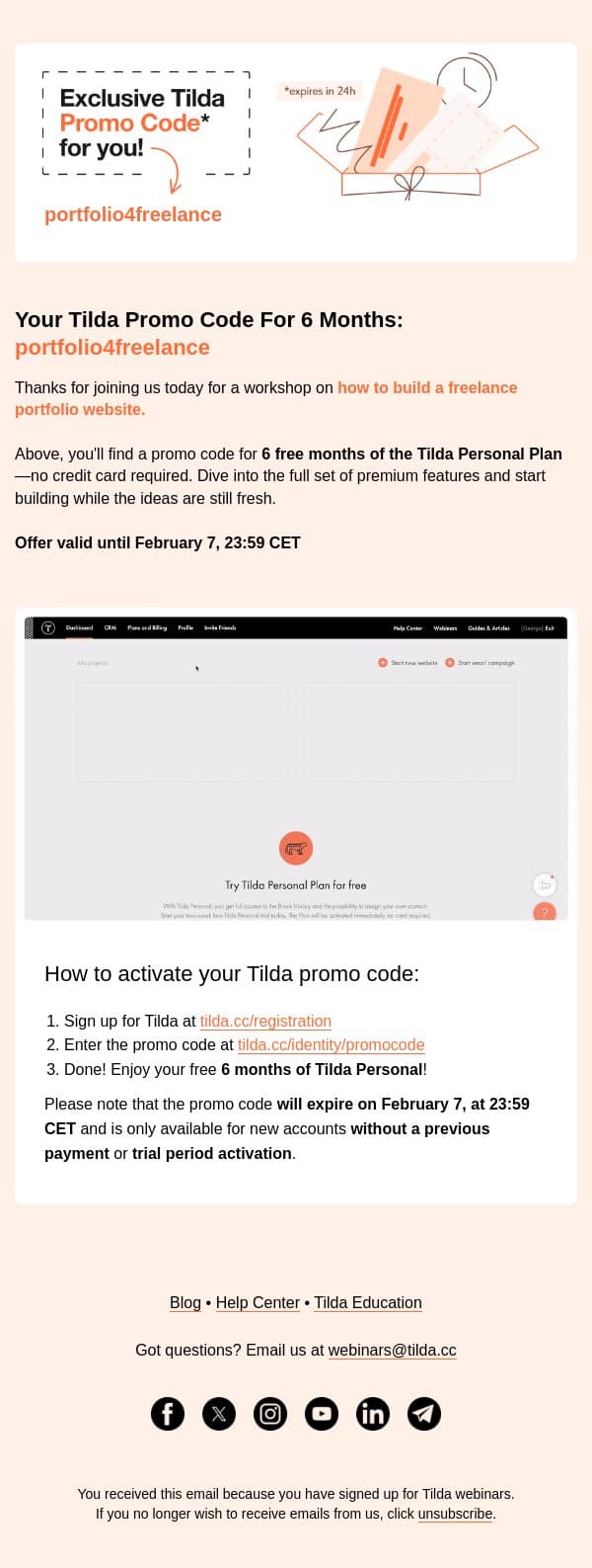 🎁 6 Months of free access to build your portfolio email from Tilda screenshot