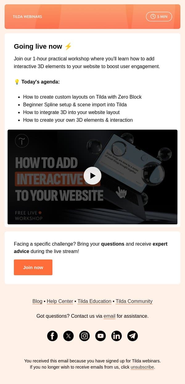 ⚡Ready to Build a 3D Website? The Workshop Starts Now email from Tilda screenshot