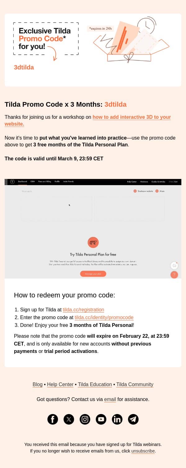🎁 3 Free Months Of the Tilda Personal Plan For Your 3D Website email from Tilda screenshot