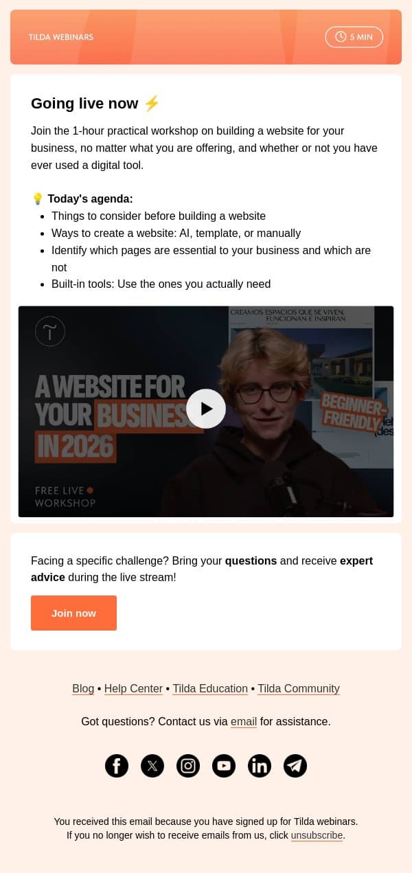 🎙️ Going Live Now: an Easy Way to Build Your Business Website email from Tilda screenshot