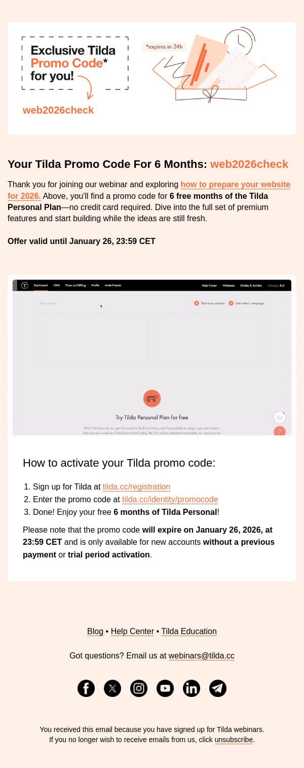 Your Tilda Promo Code For 6 Months 🎁 email from Tilda screenshot