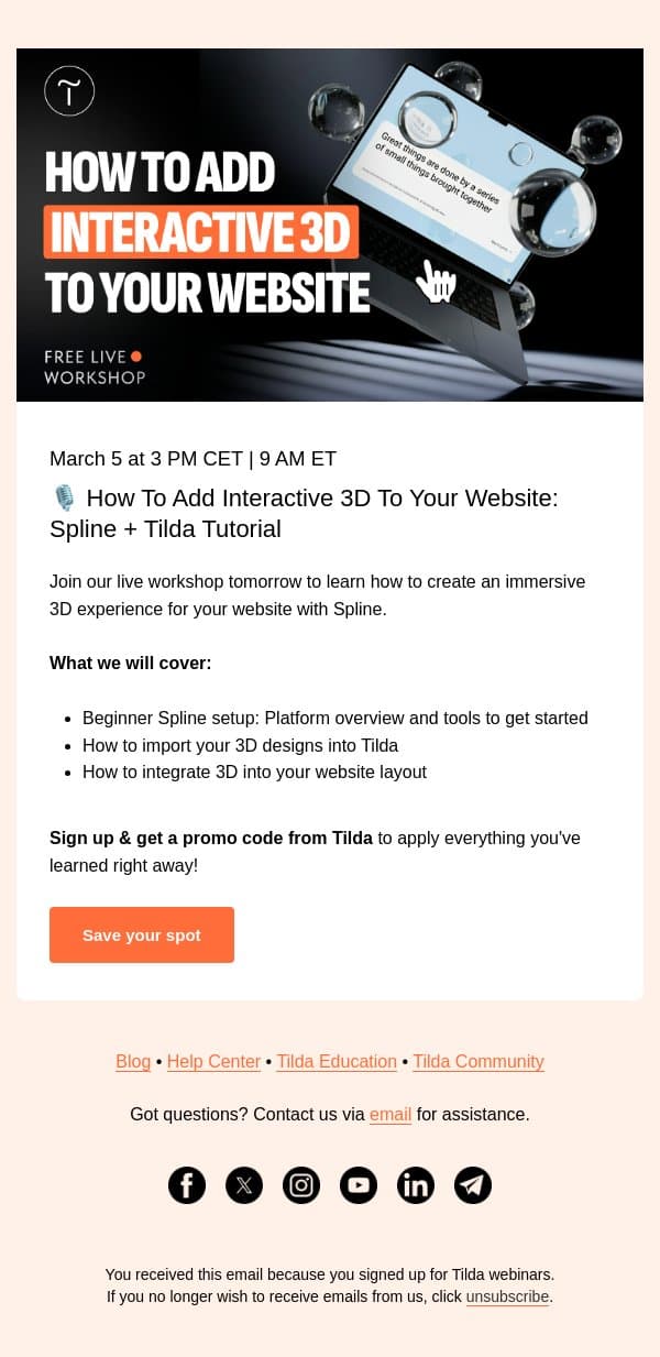 🎙️ Live Tomorrow: How To Add Interactive 3D To Your Website (Spline + Tilda Tutorial) email from Tilda screenshot