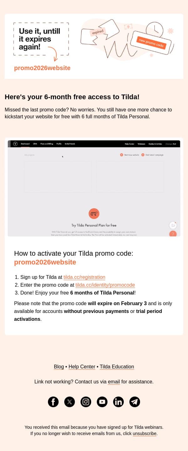 Your 6-month free access to Tilda! 🚀 email from Tilda screenshot