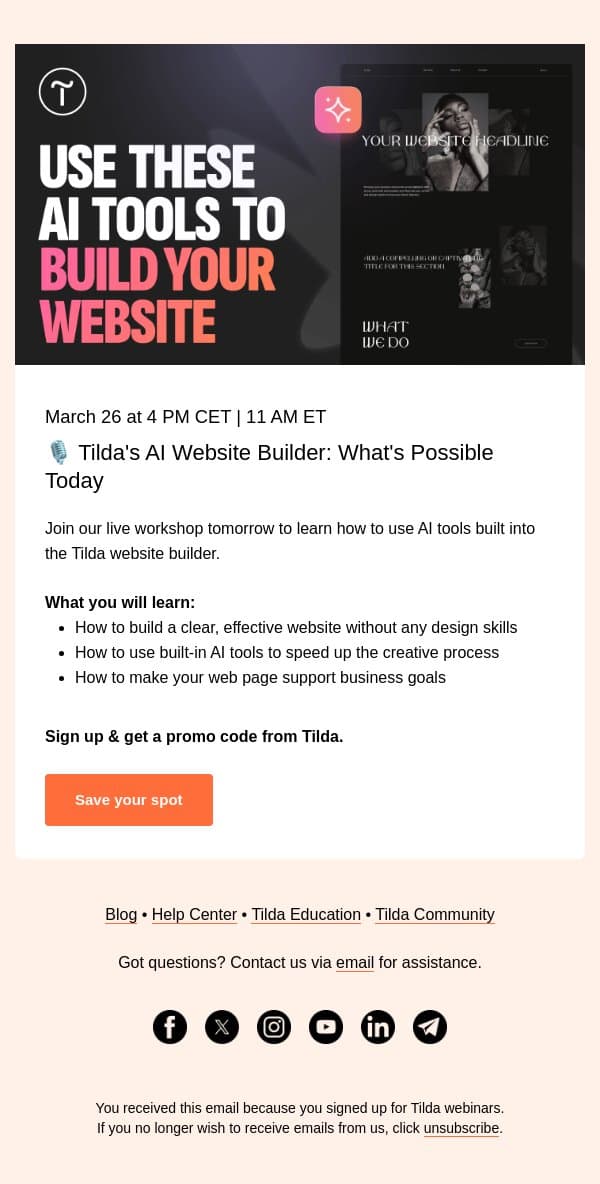 🎙️ Live Tomorrow: Use AI Tools To Build a Website email from Tilda screenshot