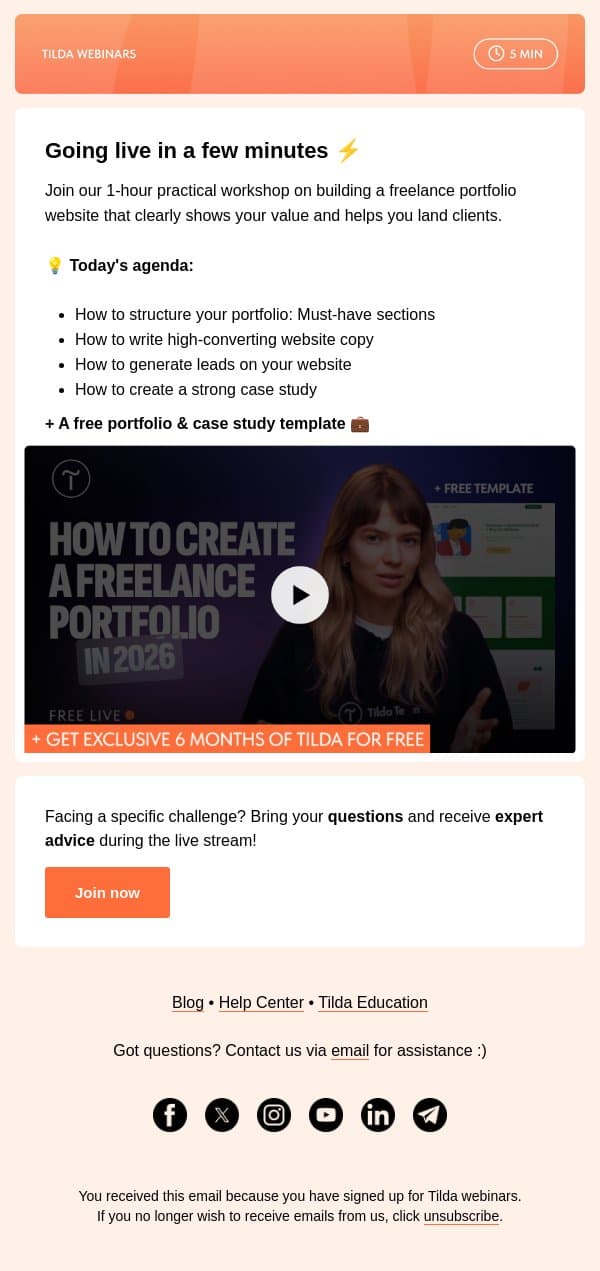 Live Portfolio Workshop Starts In 5 Minutes⚡ email from Tilda screenshot