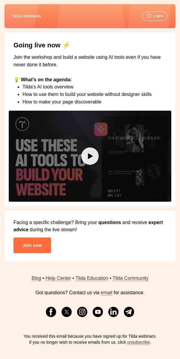 ⚡ Time to Build Your Website: Join the Workshop Now email from Tilda screenshot